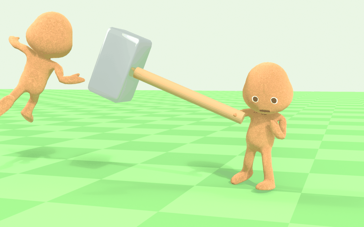 A chump swinging a giant hammer, sending another chump flying