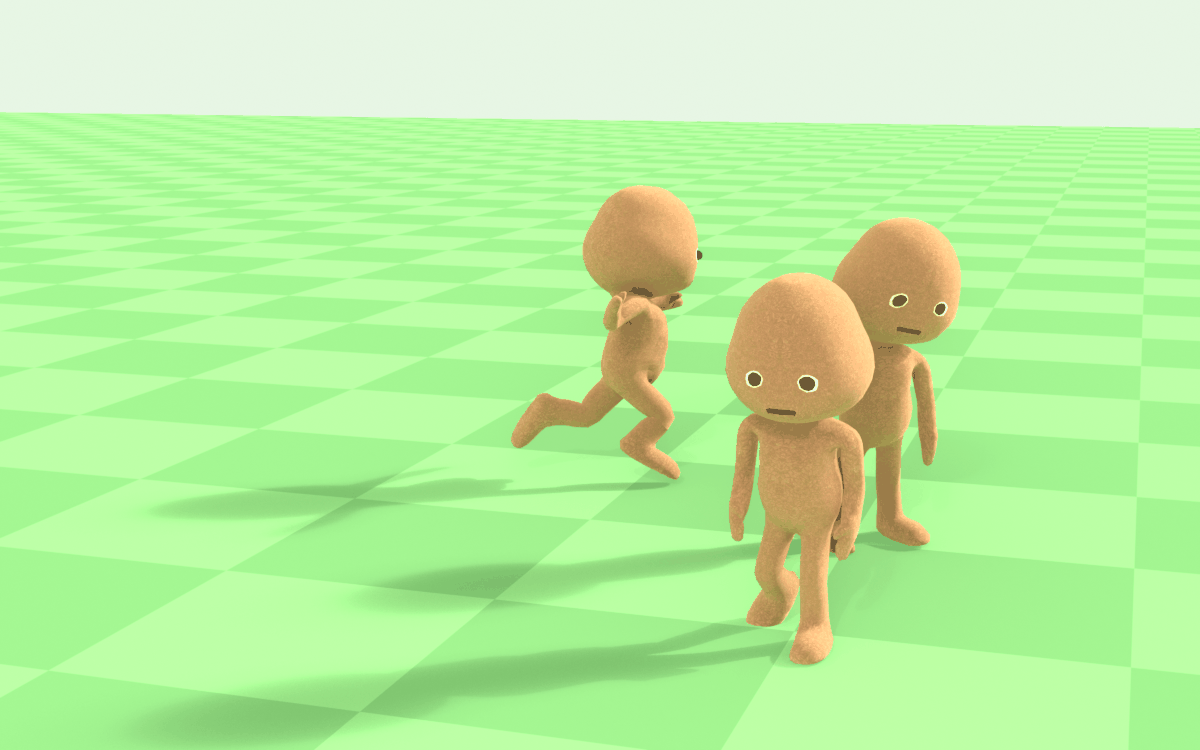 Three derpy chumps roaming a green tiled world